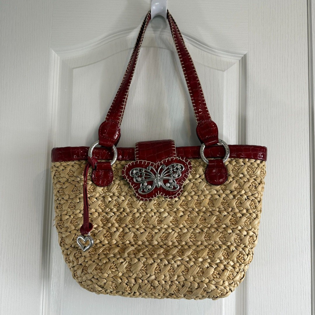 Brighton Straw Shoulder Bag Red Trim Butterfly Magnetic Closure Handbag Purse