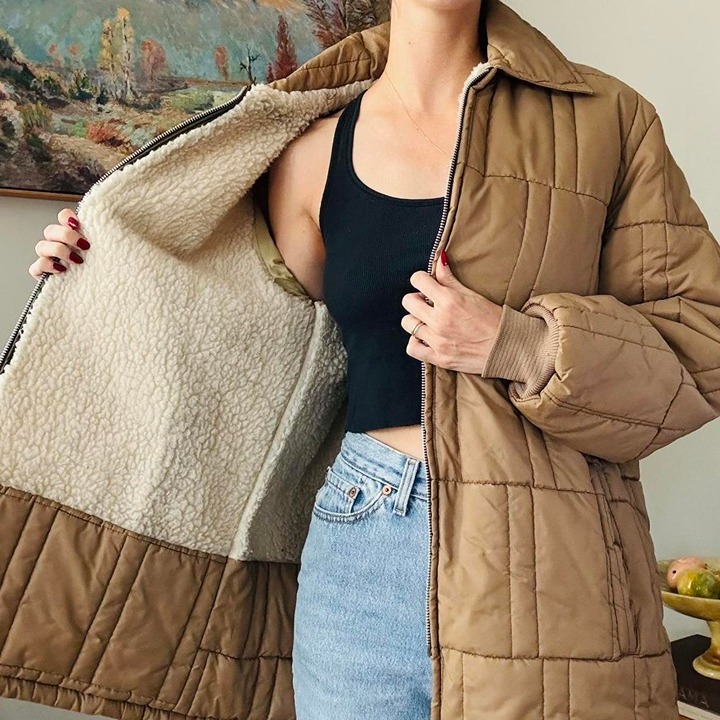 Vintage Blair greenish tanish neutral quilted jacket with sherpa lining
