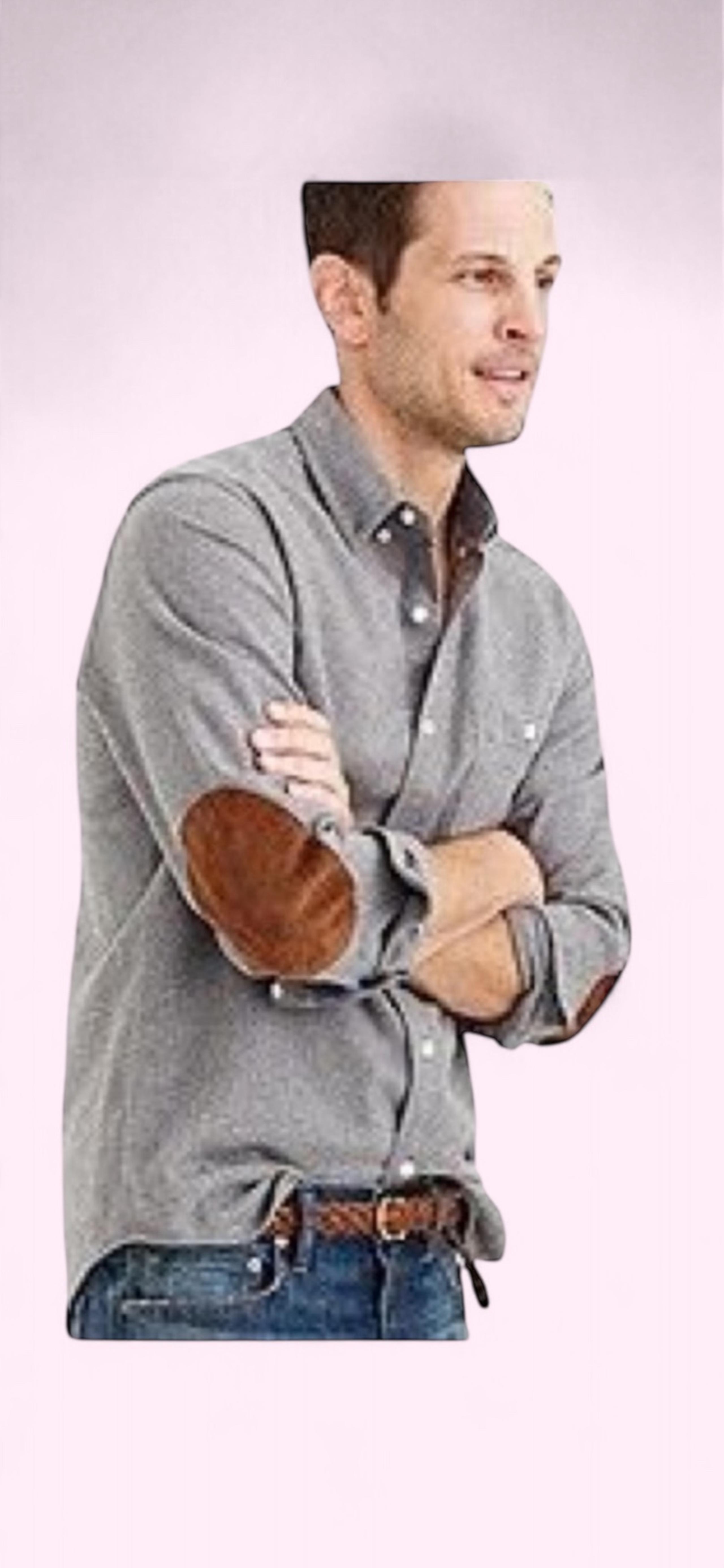 Jcrew Men's Gray Button-Up Shirt with Brown Elbow Patches small