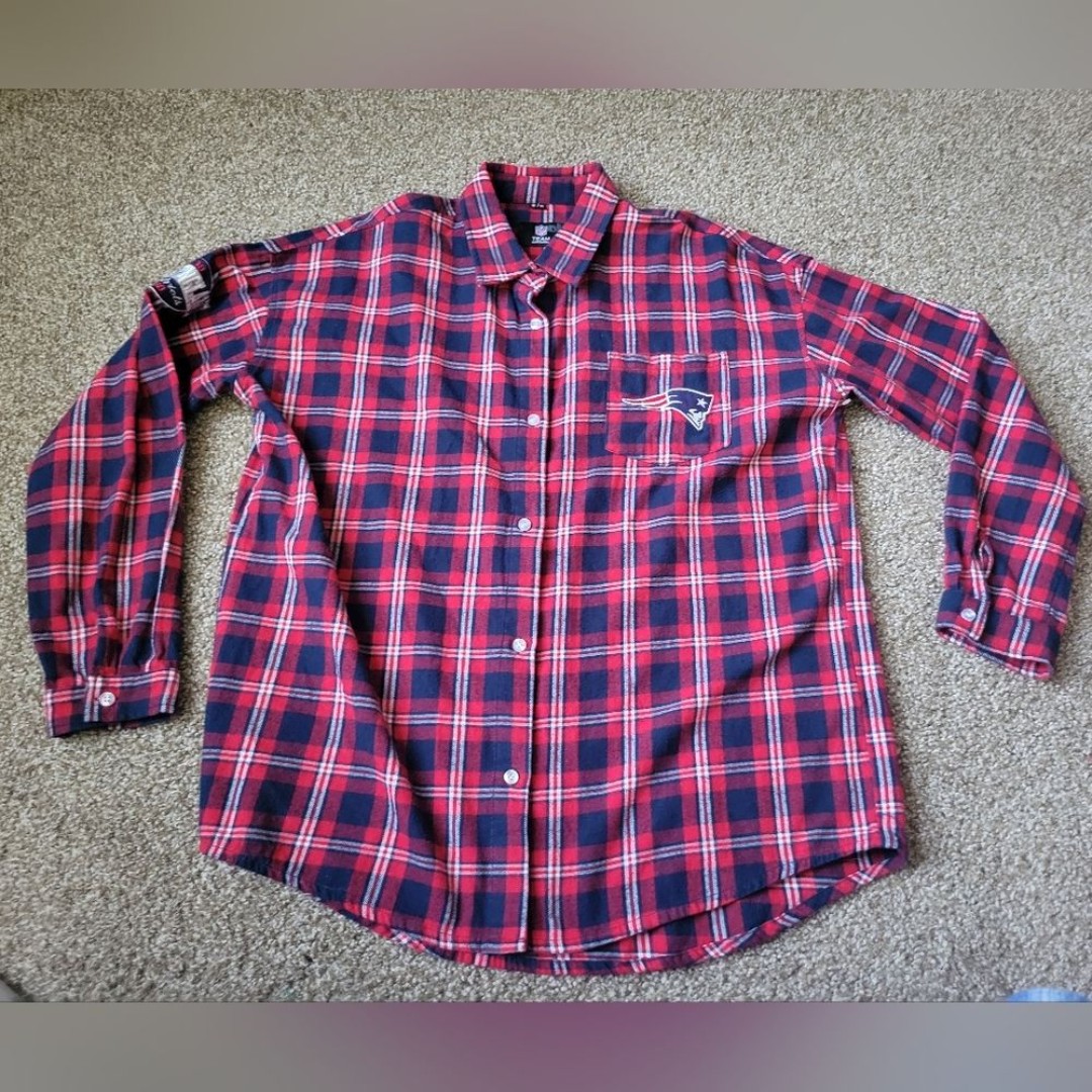 Casual Red and Blue Plaid Patriots NFL Button Down Shirt