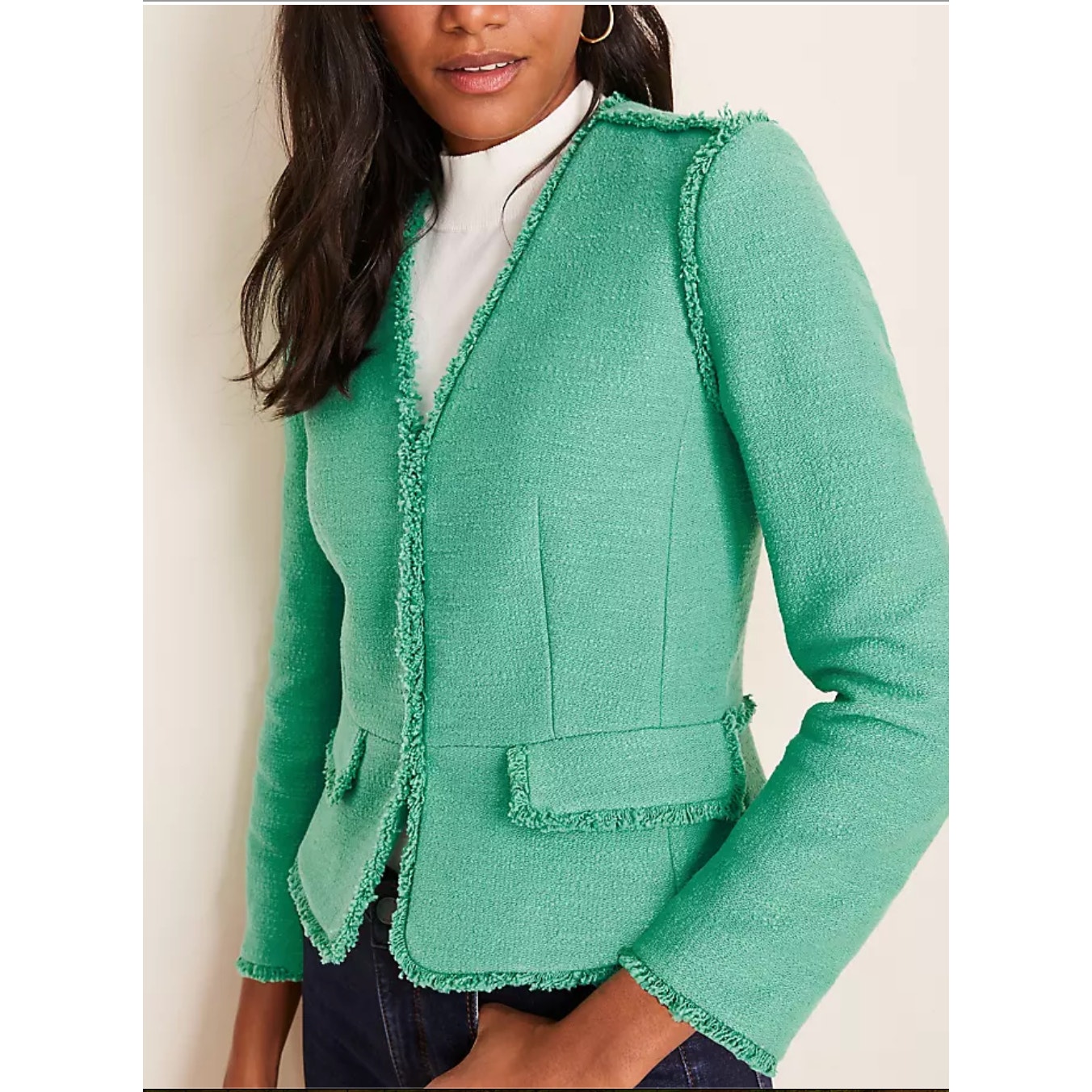 ANN TAYLOR Green Tweed Fringe Cardigan Open Blazer Jacket // 4