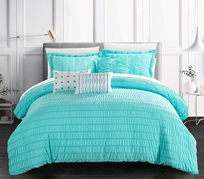 Chic Home CS7882-US Klara 6 Piece Comforter Set, Blue - Queen