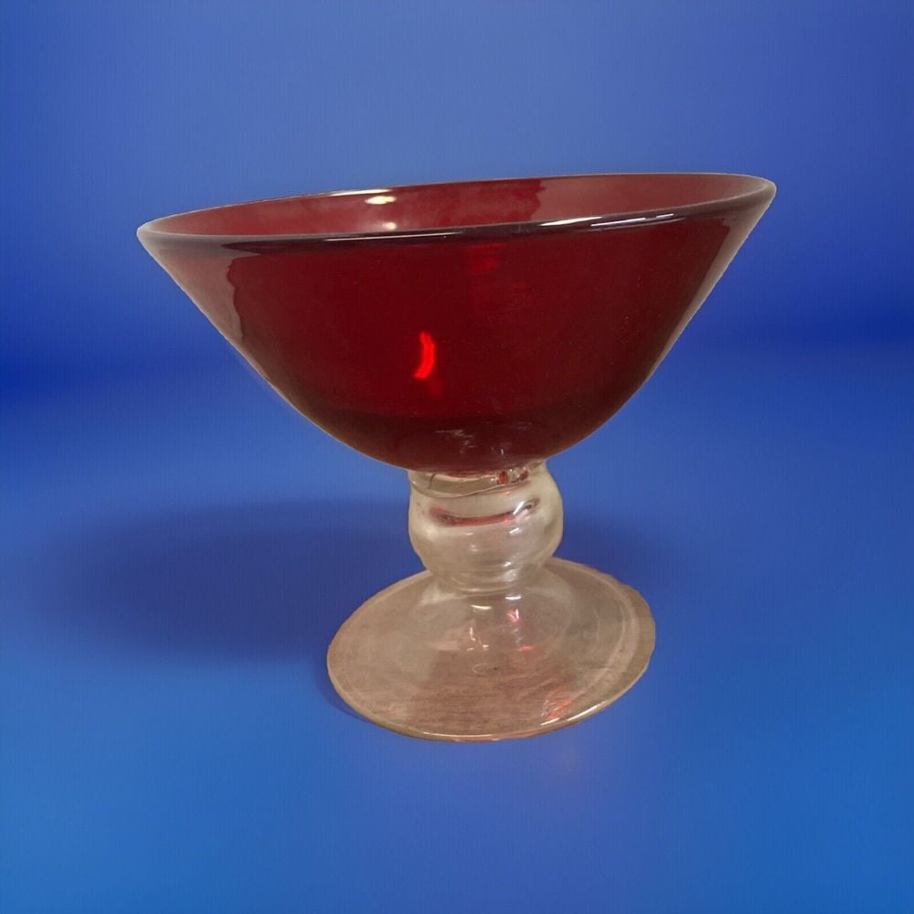 Vtg Glass Ruby Red Large Candy Dish Bowl with Clear Glass Pedestal Foot