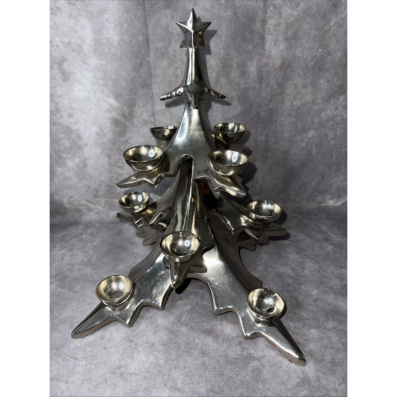 Retired 14" Pottery Barn Silver Christmas Tree 12 Pc Candle Holder candelabra