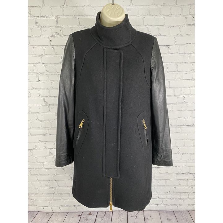 Milly Black Lamb Leather Sleeve Wool Blend Gold Zip Accent Long Coat Jacket 4