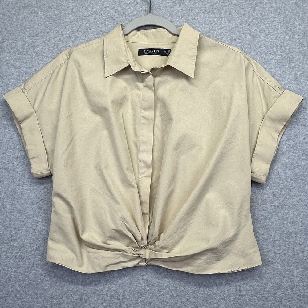 Ralph Lauren LRL Top Womens 14 Beige Twist Front Cropped Dolman Cuffed Sleeves