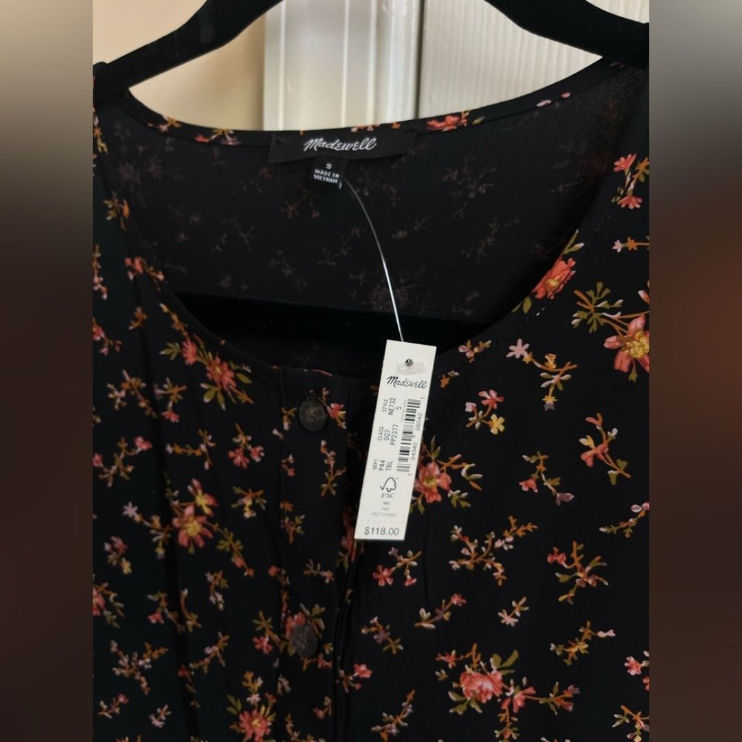 Madewell Black Floral Collarless Shirt Dress Size Small NWOT