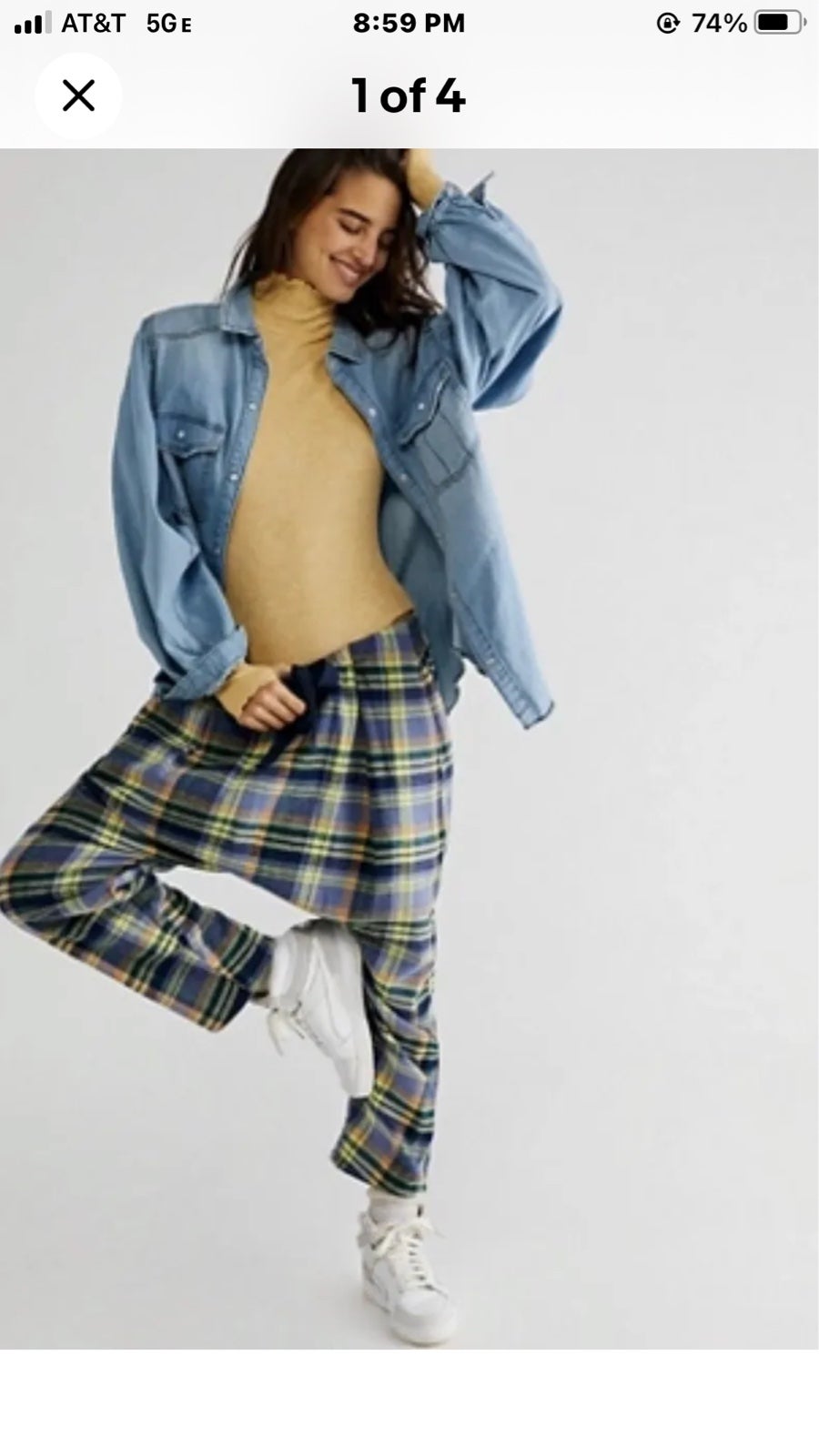 Free People Spin Around Plaid Harem Pant Blue Yellow Flannel Drawstring