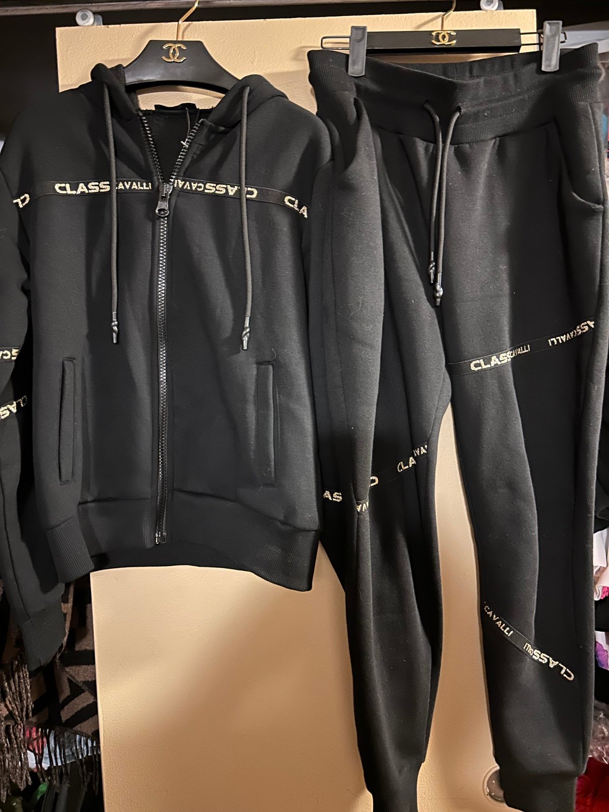 BLACK & GOLD WOMEN’S “CLASS CAVALLI” SWEATSUIT, SIZE S!! ONLY WORN ONCE!!