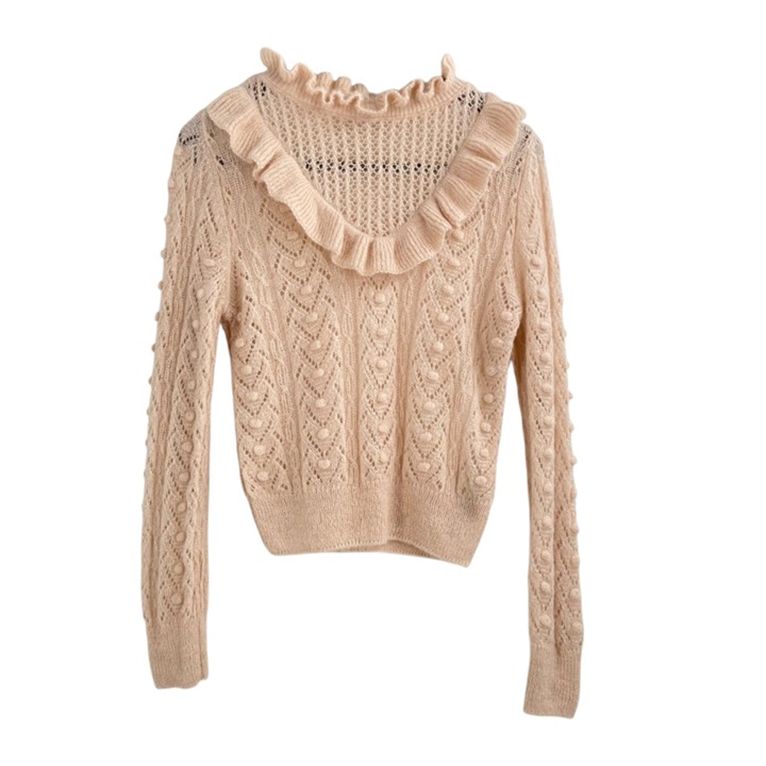 Pale Pink Mohair High Neck Pointelle Knit Ruffle Trim Sweater Womens Medium - ZARA