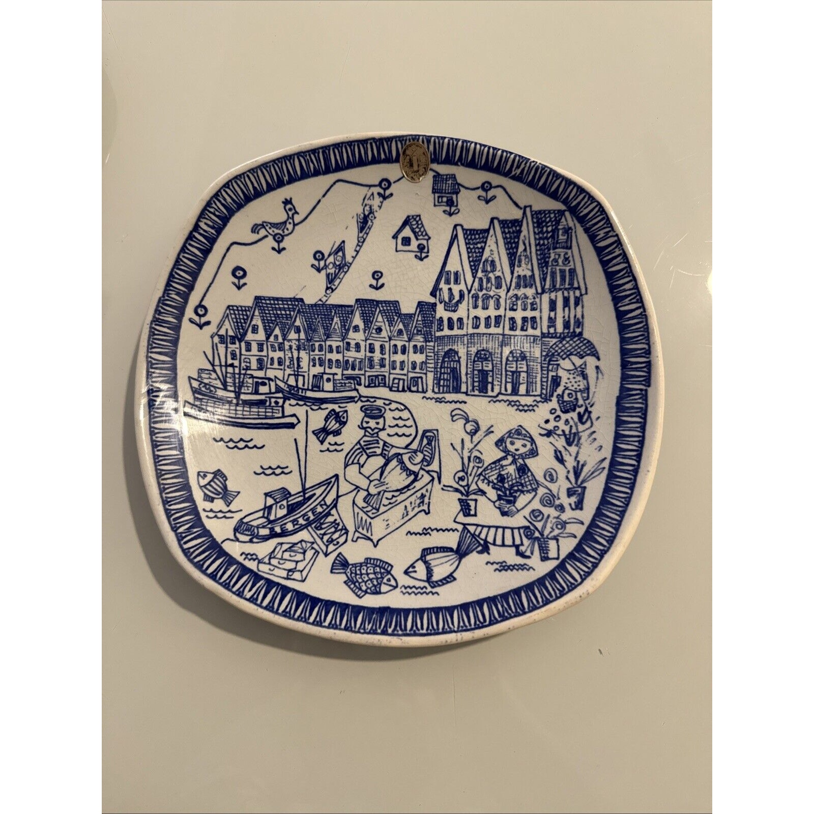 Vintage Stavangerflint 1950s Norway Keri Nyquist Plate- Fishing Village