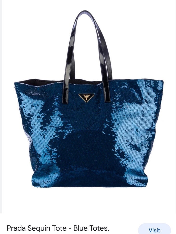 Prada sequins patent strap open blue big tote bag/shoulder bag