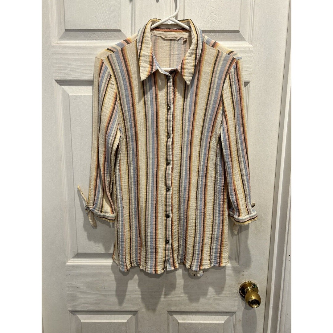 Soft Surroundings Sunset Multicolor Striped Gauze 3/4 Bow Sleeve Top Large