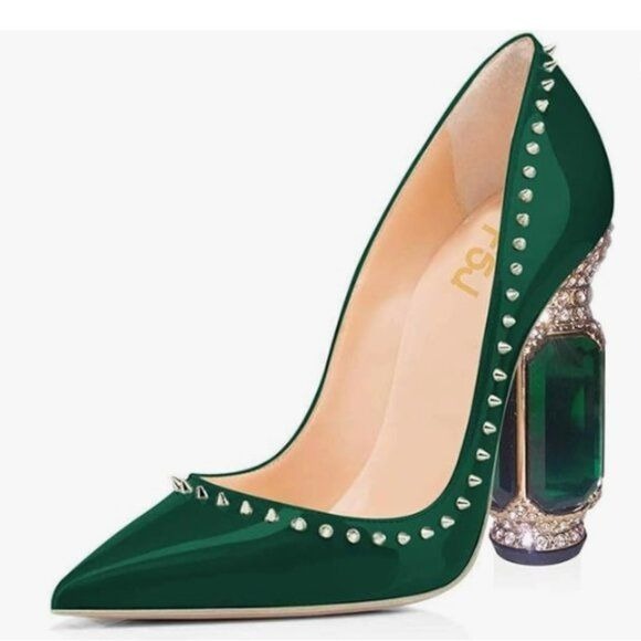 FSJ Olive Rivets Bridal Pointed Toe Chunky High Heel Crystal Pumps Wedding Shoes