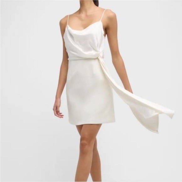CINQ À SEPT Cara Ivory Short Draped-tie Satin Silk Combo Mini Dress Size 10