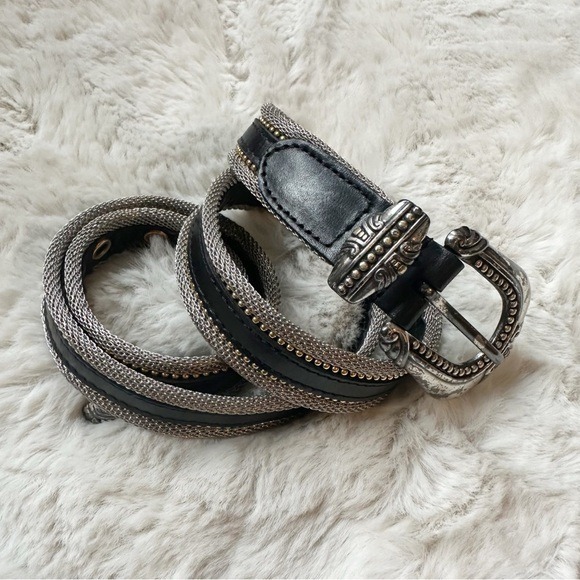 Vintage Western Silver Chain Mesh Studded Leather Belt Size Large