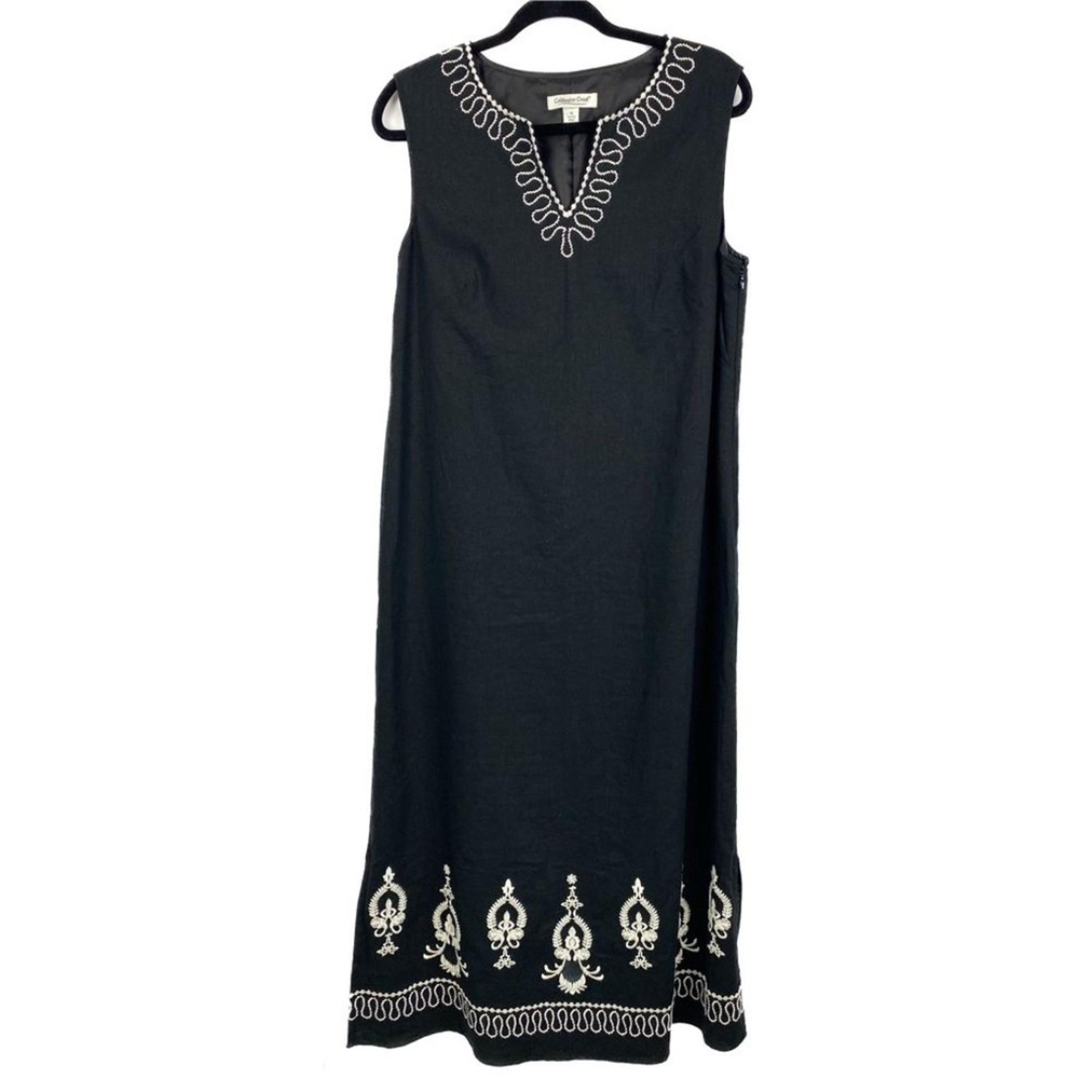 Coldwater Creek Linen Embroidered Maxi Dress 14 Black Sleeveless Old Money