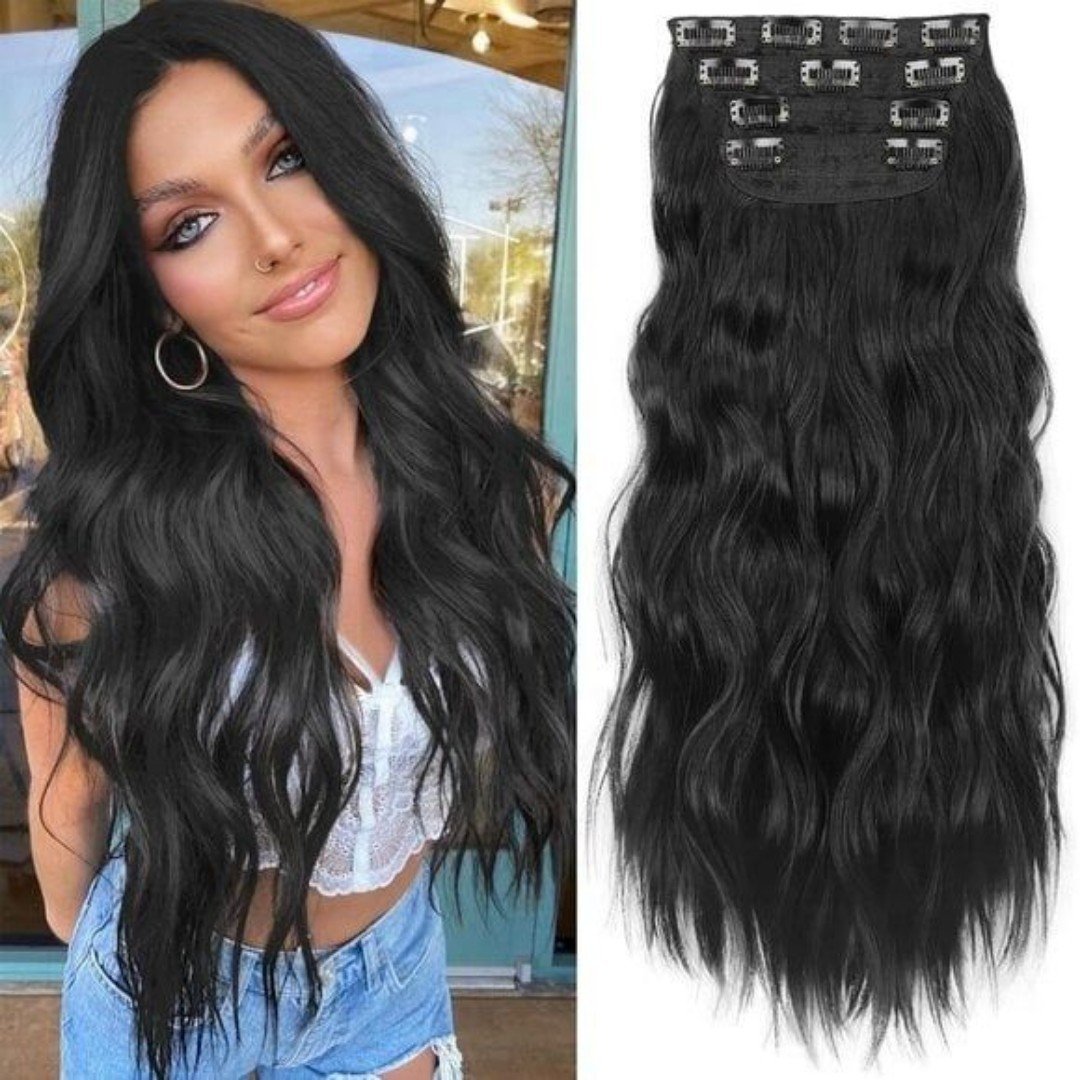 New 4PCS 24 Inch Clip-in Synthetic Hair Extensions, Long Wavy, Black Double Weft