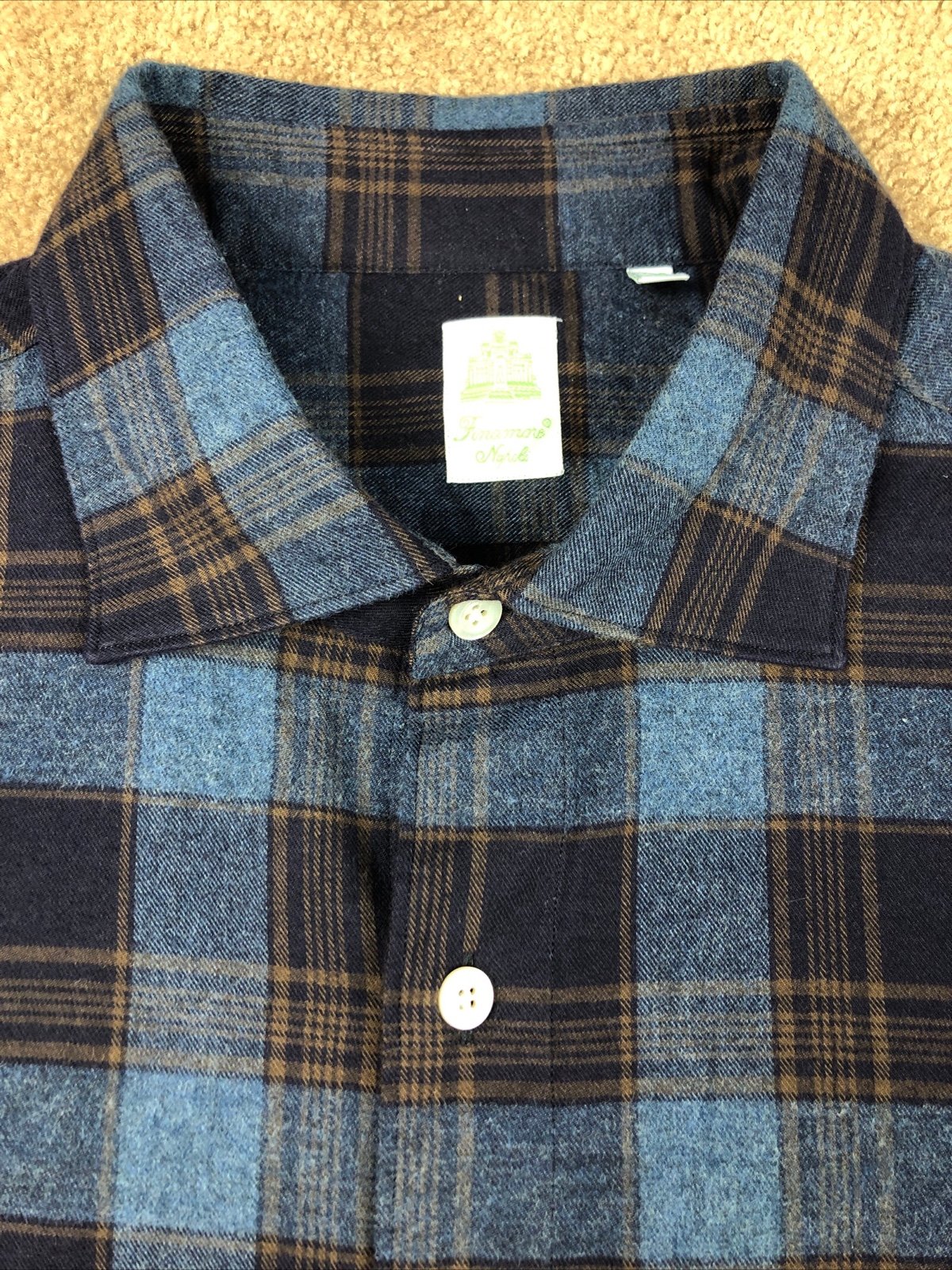 Finamore Napoli Blue & Brown Plaid Flannel Shirt Size XL
