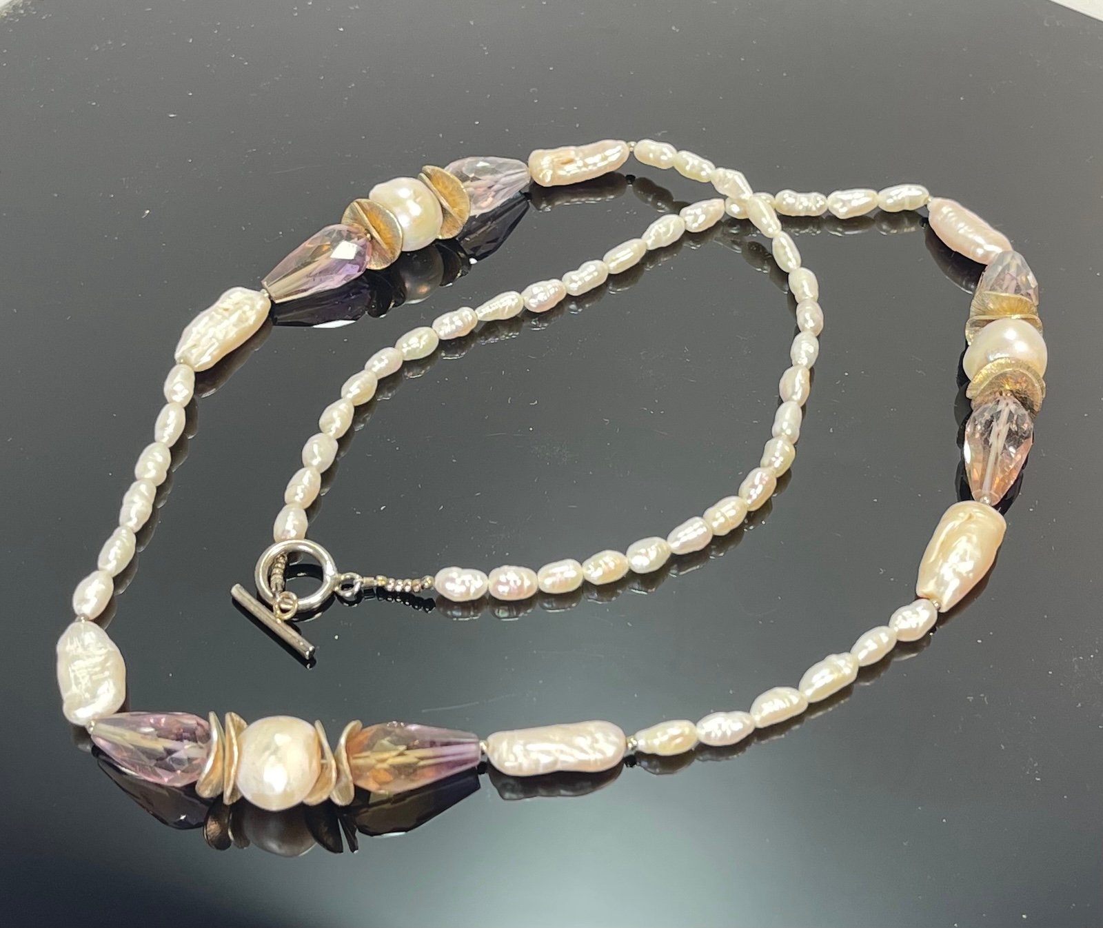 Vintage Ametrine & Freshwater Pearl Long Necklace Baroque Round & Flattened