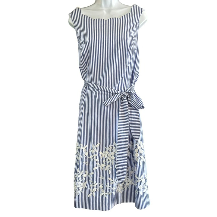 Talbots Women Blue White Striped Belted Dress 18W Embroidered Hem Plus Size NWOT