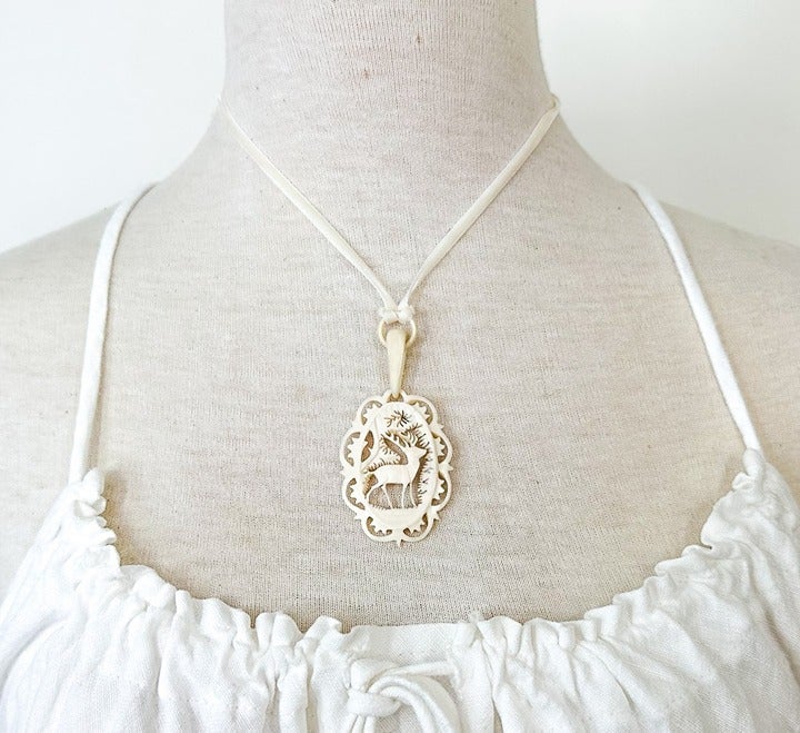 Vintage 20s / 30s / 40s Ornate Handmade Carved Deer Antler or Bone Pendant
