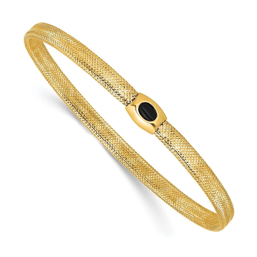 14K Yellow Gold Polished Black Onyx Mesh Slip-on Stretch Bracelet 4.5 mm