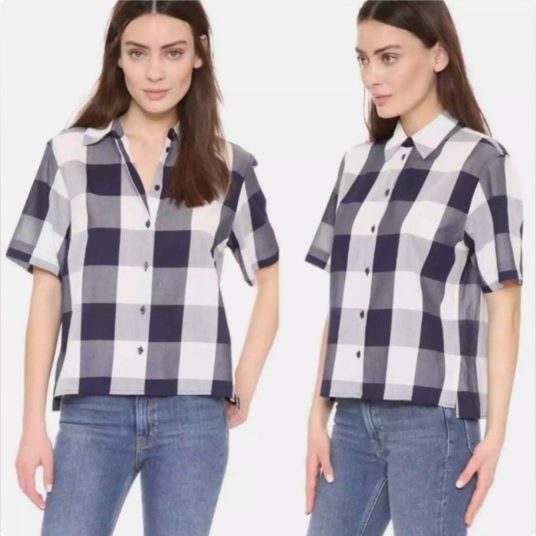 Equipment Giuliana Short Sleeve Plaid Shirt Cotton Blue White Women Size Medium