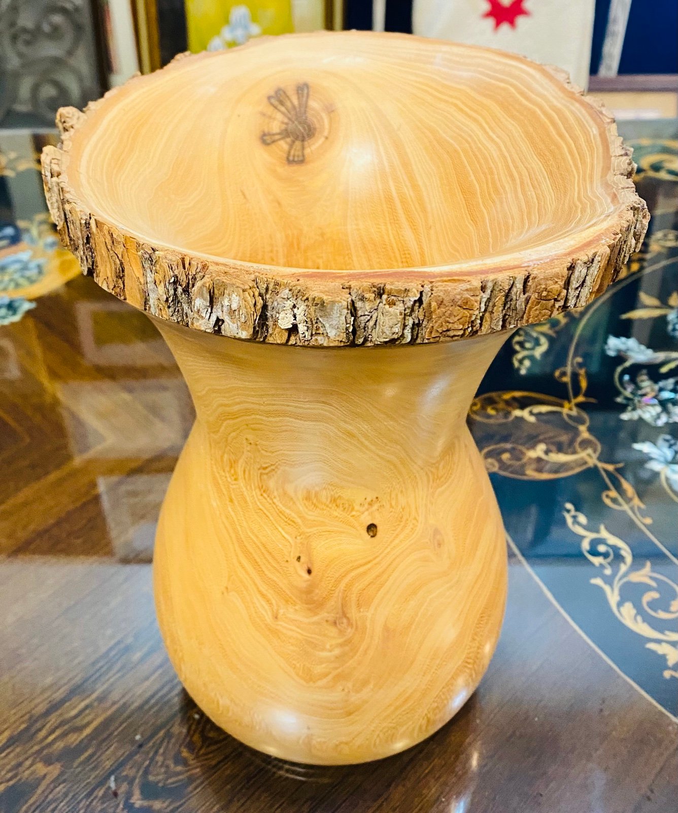 2011 Signed CVP Hand Turned Wood Vase edged in bark 10 1/4” tall x 8.25” w