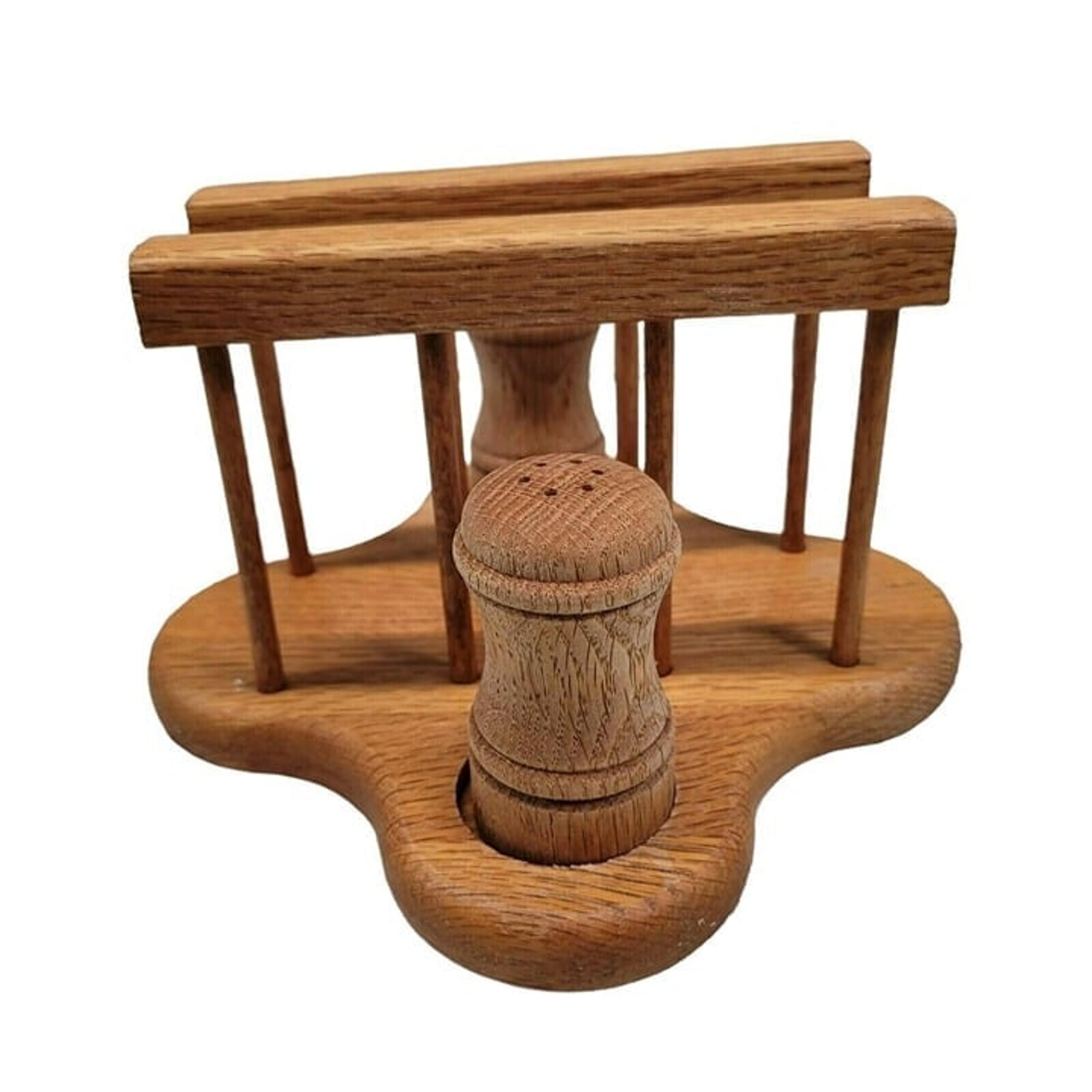 Wooden Napkin Holder Salt and Pepper Shakers Handmade Carved Wood Vintage