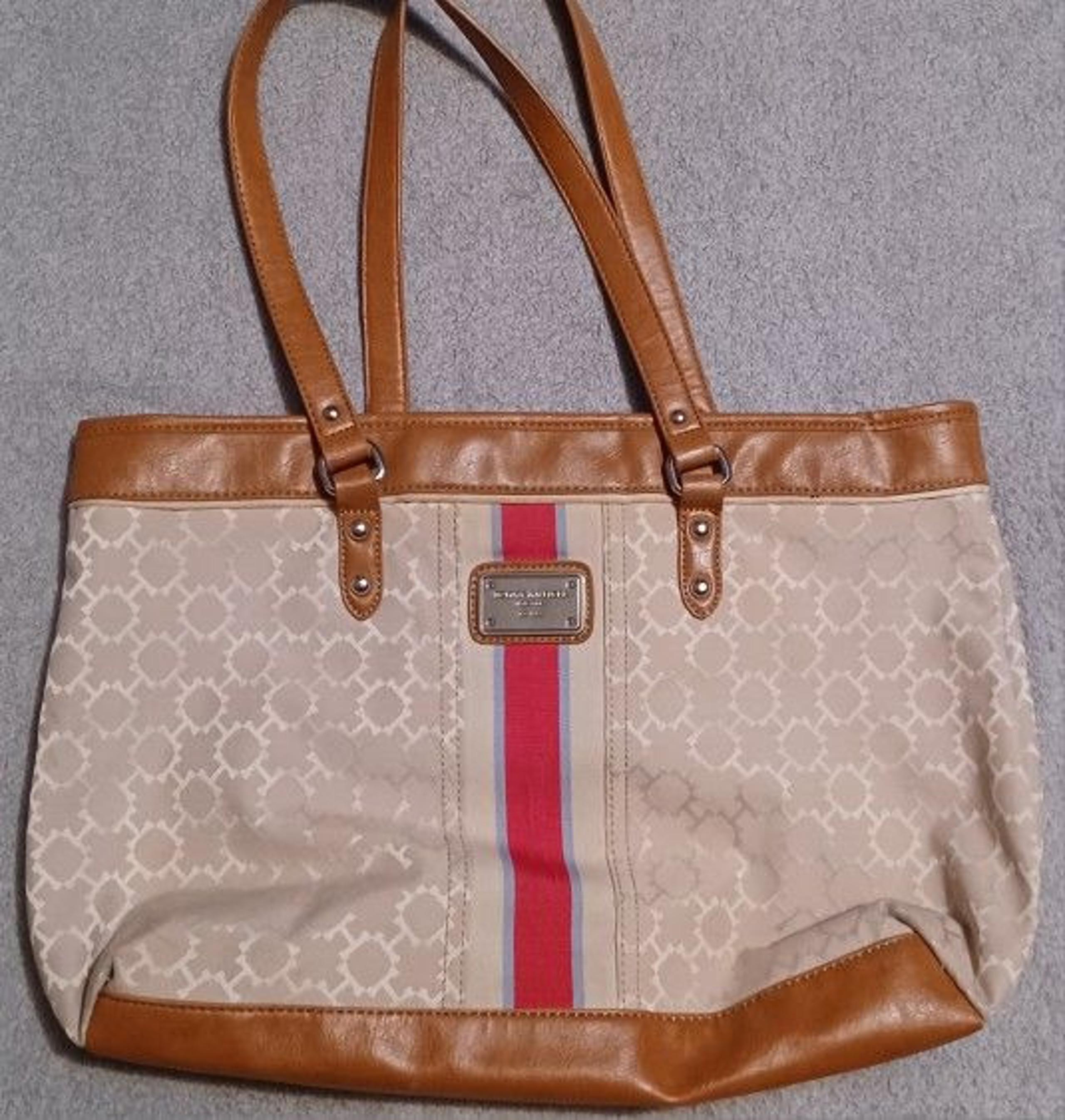 Tommy Hilfiger Tote Purse Bag Tan Red Strap Pockets Shoulder