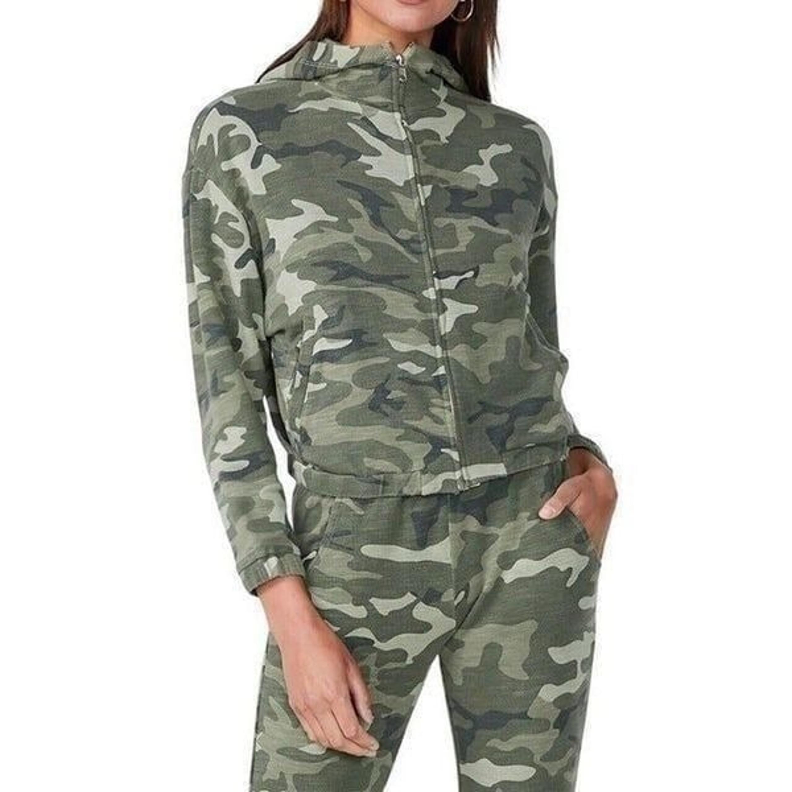Monrow Women’s Urban Zip Up Cropped Hoodie in Light Olive, L