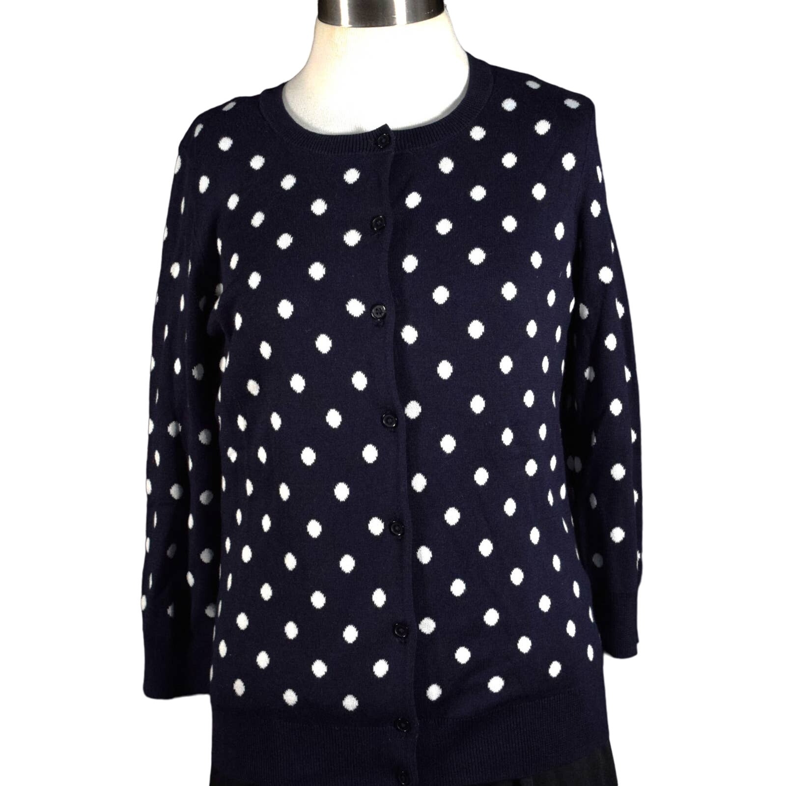 NEW Talbots Cardigan Navy White Polka Dot Reverse Pattern Inside 3/4 Sleeve Sz S