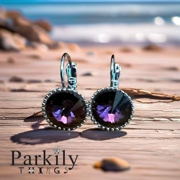 Handcrafted earrings with sparkly amethyst purple rivoli Swarovski crystal