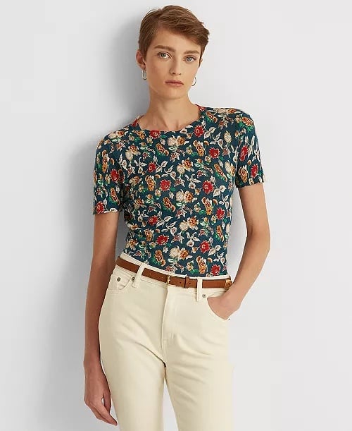 Lauren Ralph Lauren Small Top Floral 100% Linen Knit Sweater in Blue/Red