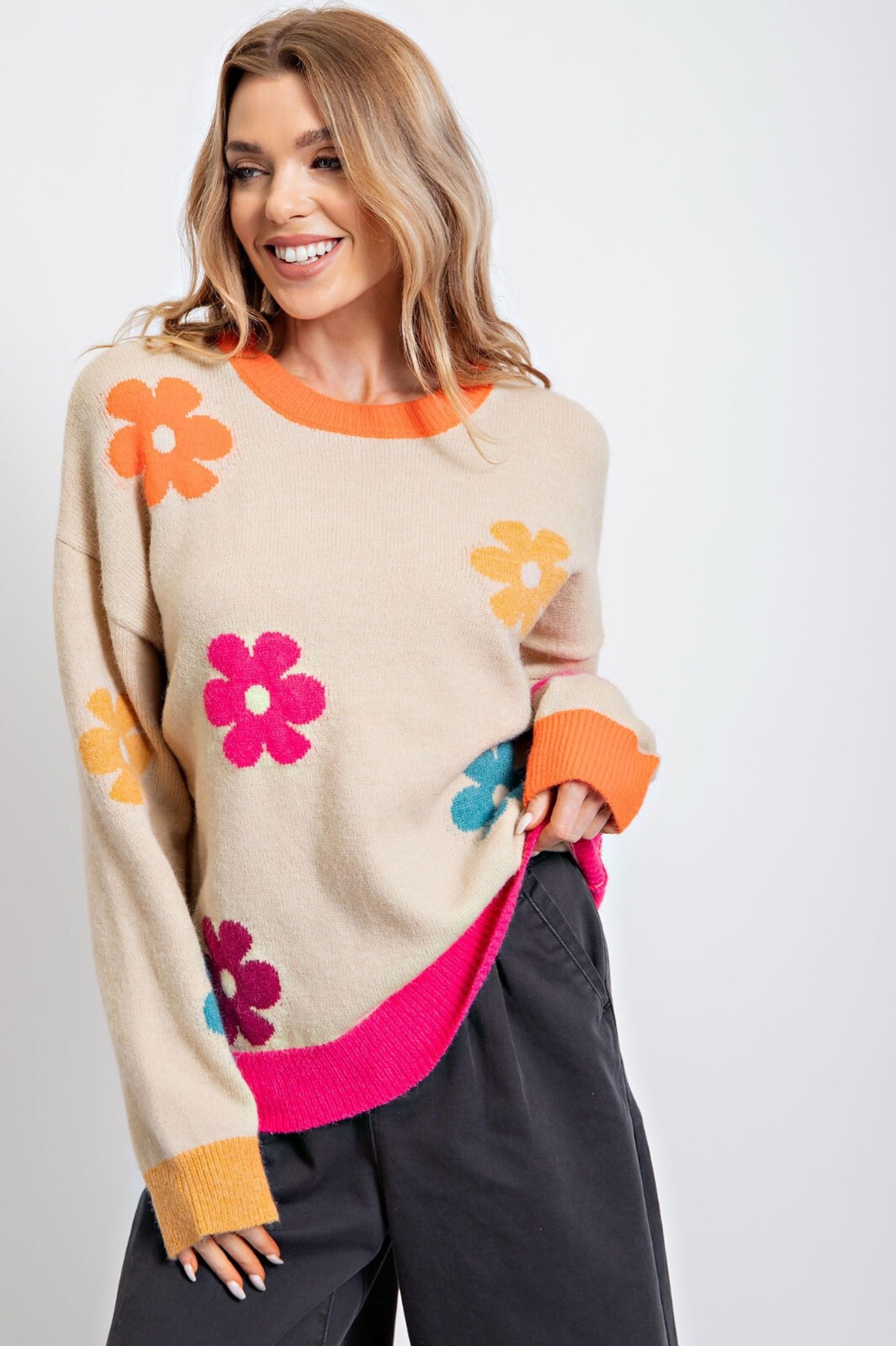 Easel Knitted Daisy Pattern Long Sleeve Sweater with Contrasting Trim - L