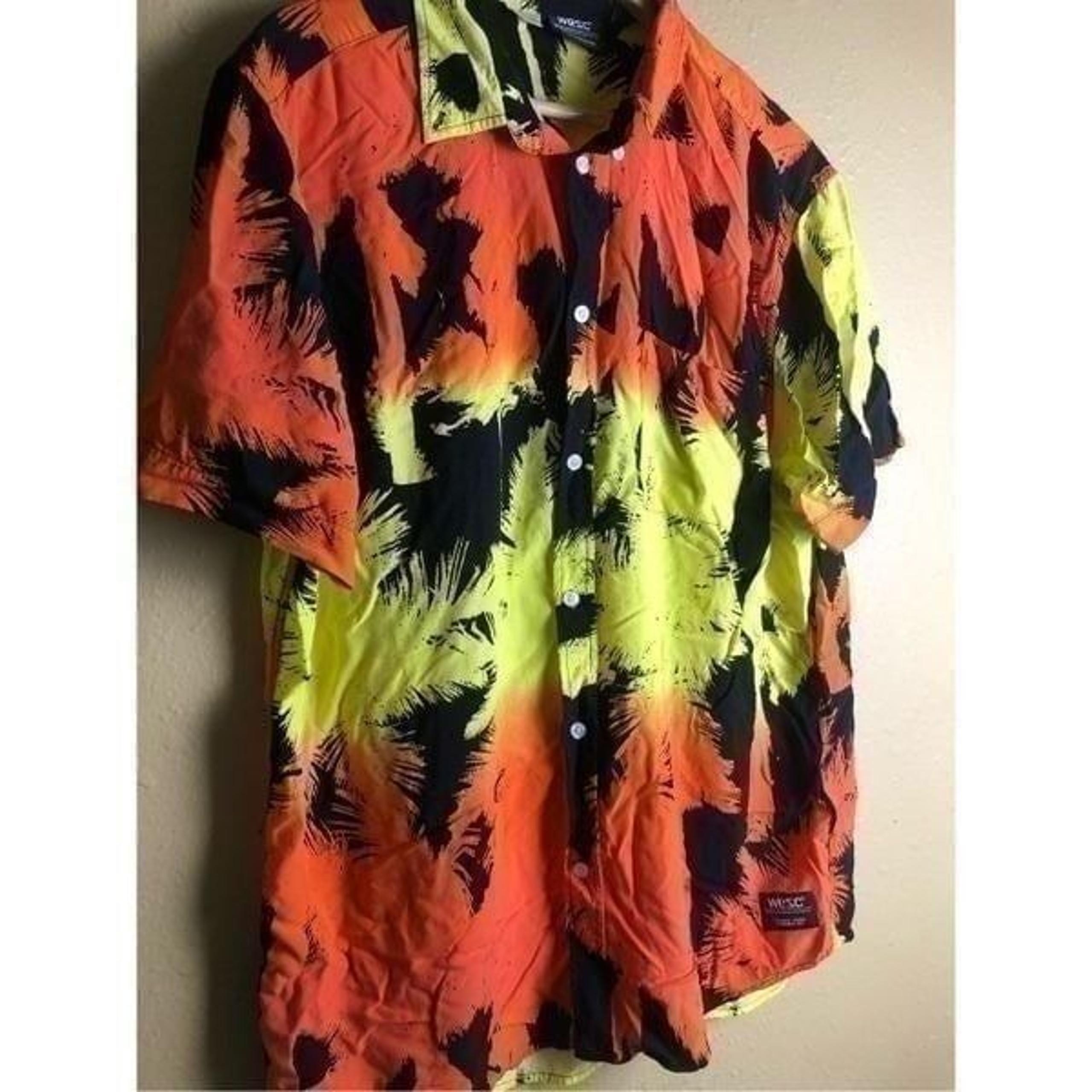 Wesc Men's Oden Gradient Button Down Shirt Orange Yellow Palm Short Sleeve Size