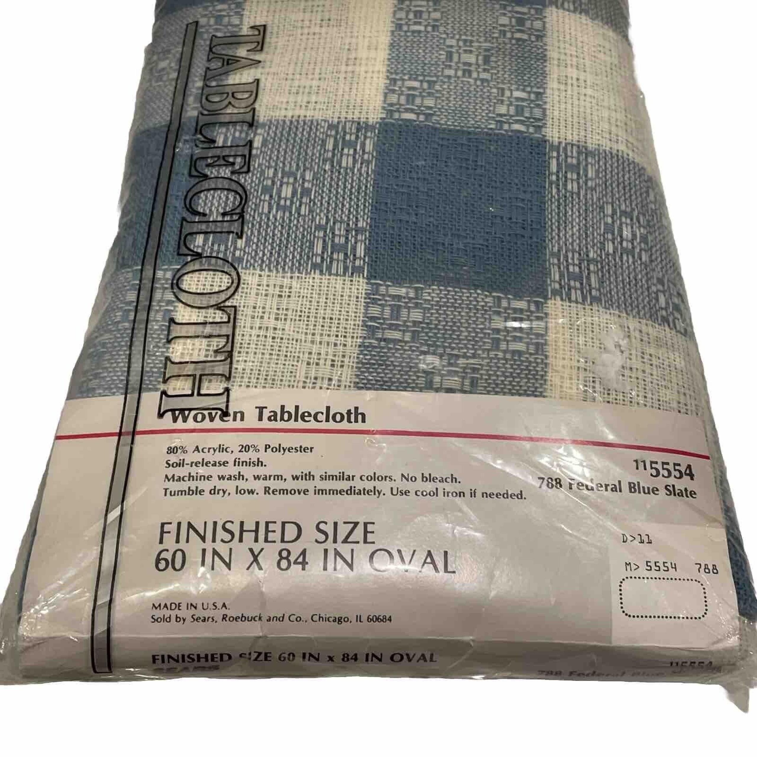 Woven 60X 84 Oval Tablecloth Federal Blue Slate Checked Vtg Sears Roebuck NIP