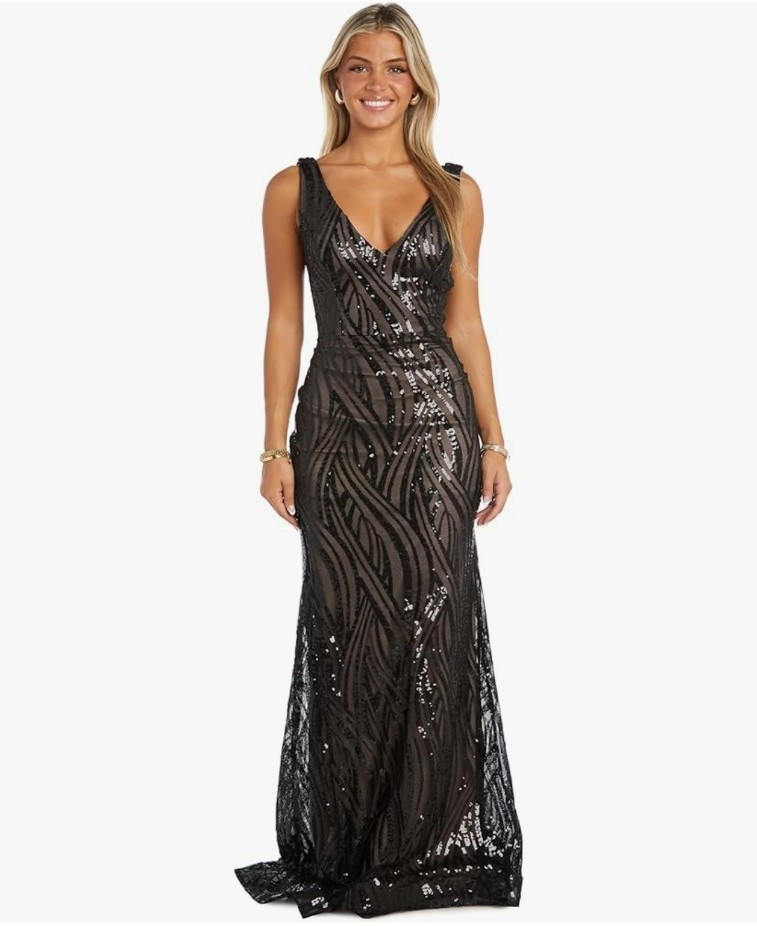 NIGHTWAY Long Swirl Pattern Sequin Gown W/Power Mesh Side Insets & Deep V Back