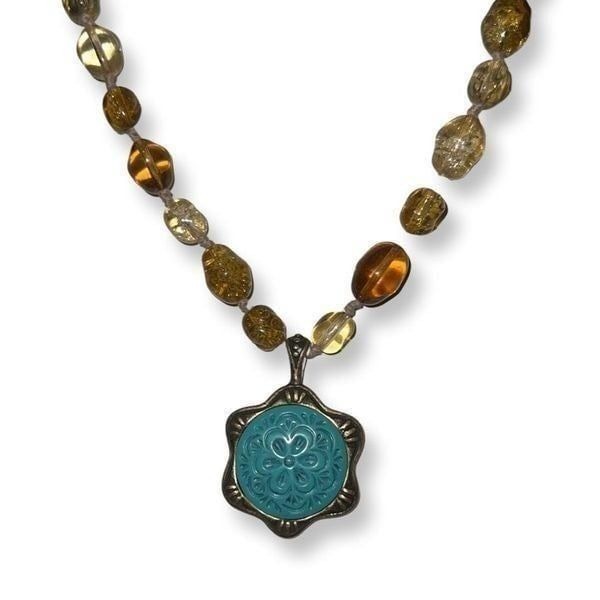 Heavy Amber Beaded Turquoise Pendent Necklace
