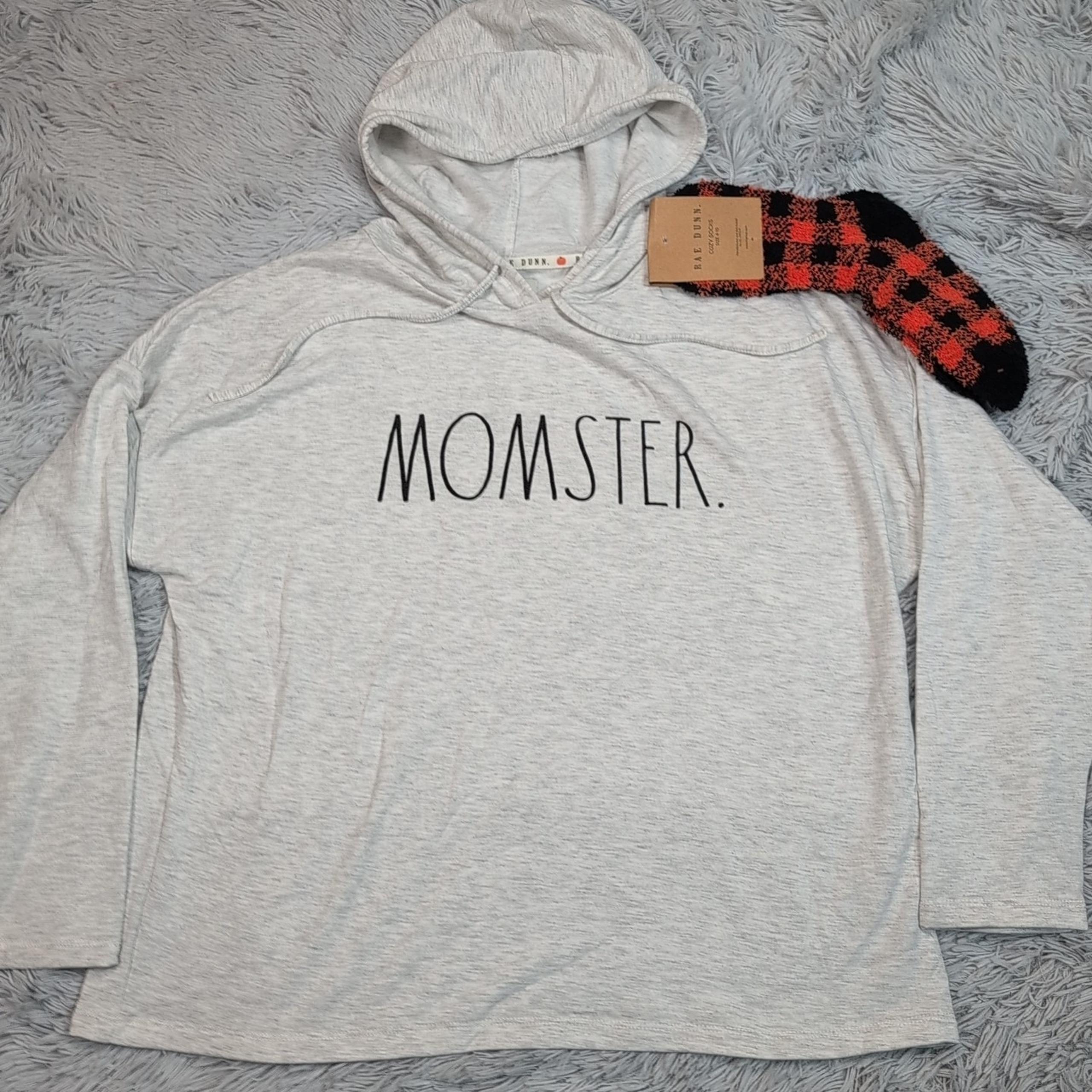 Rae Dunn Sweatshirt Womens L Gray Hoodie Momster Lightweight Cozy Socks New