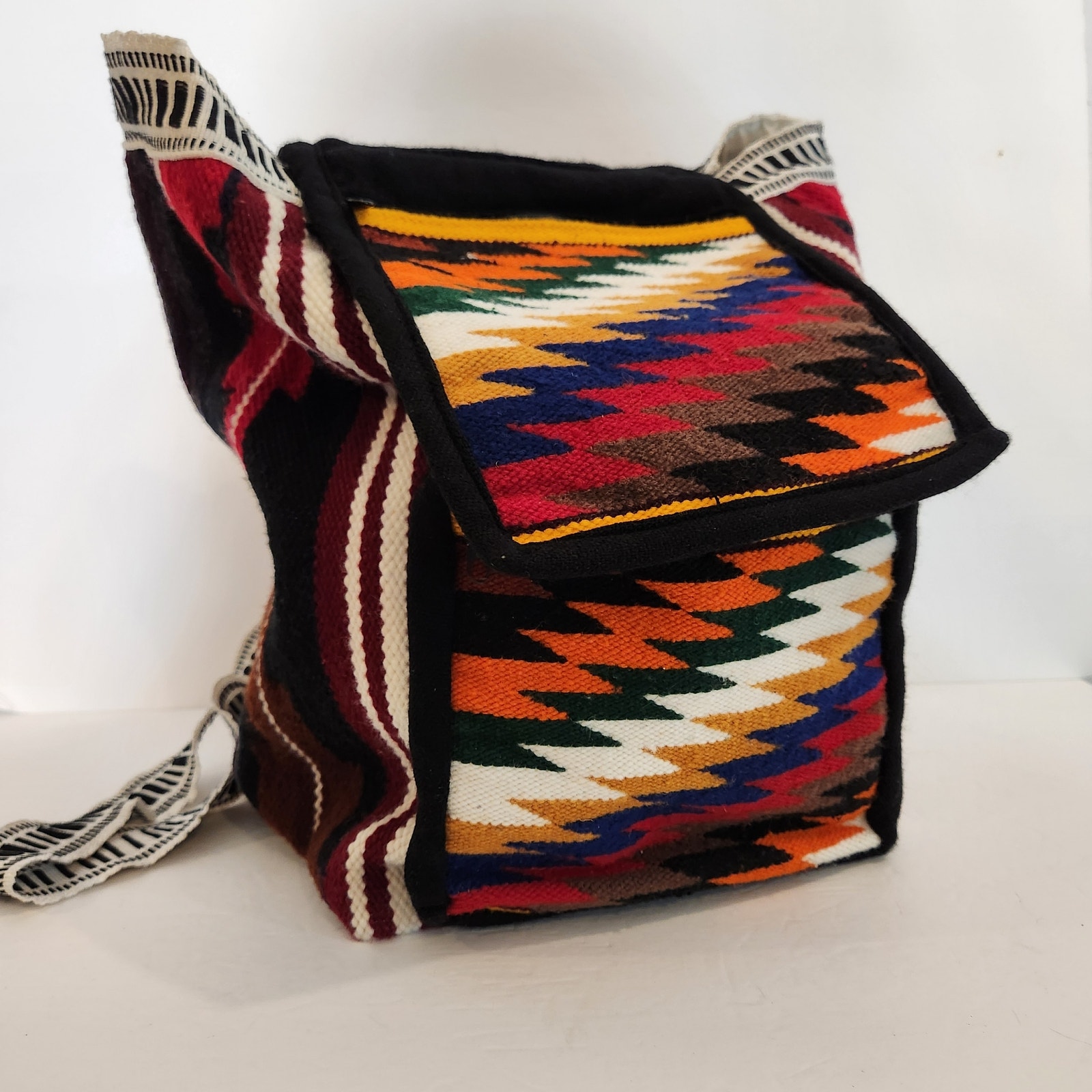 Peruvian Wool Red Black Aztec Print Lined Backpack Boho Hippie Retro Western