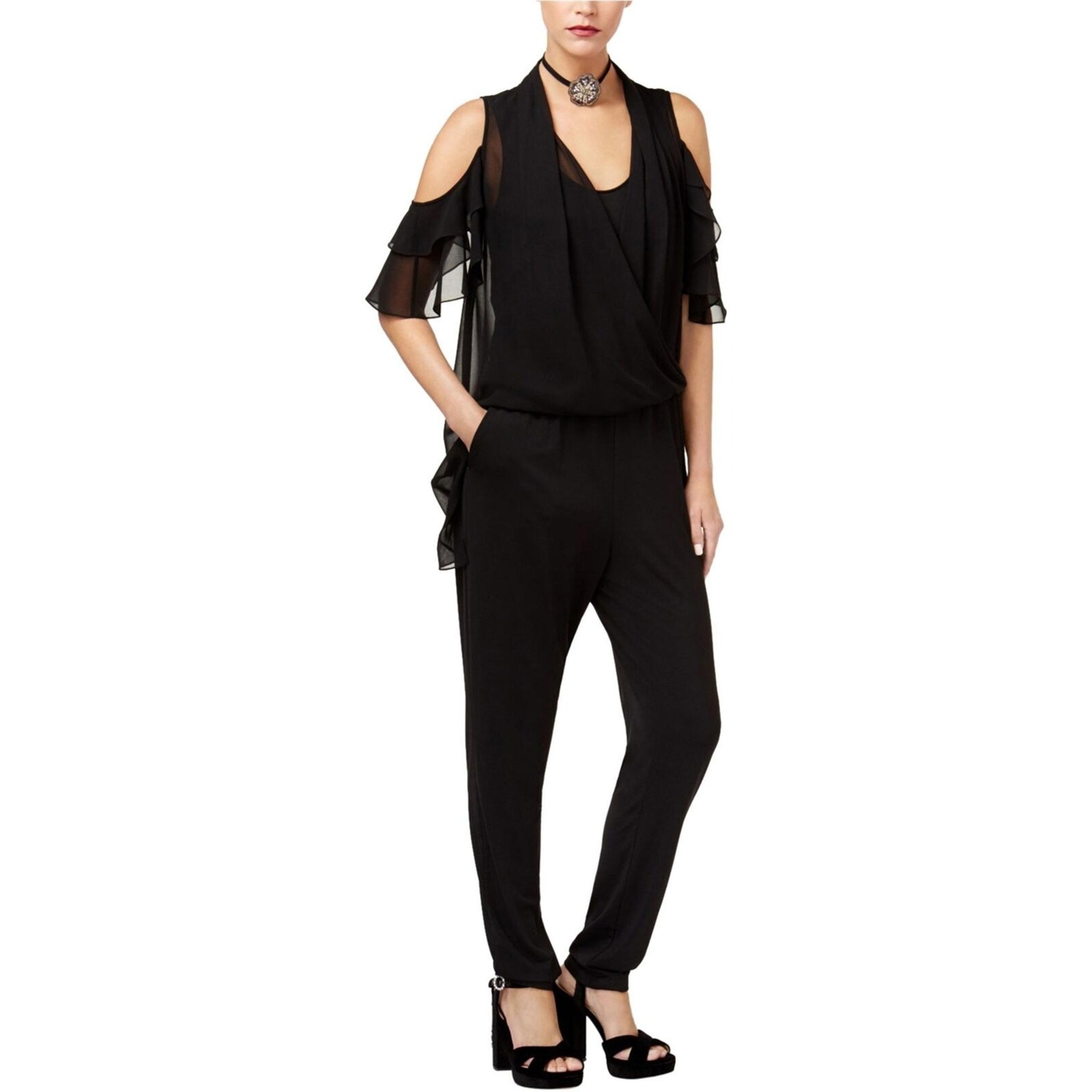Kobi Halperin Women's Black Cold-Shoulder Wrap-Front Jumpsuit Romper Chiffon XS