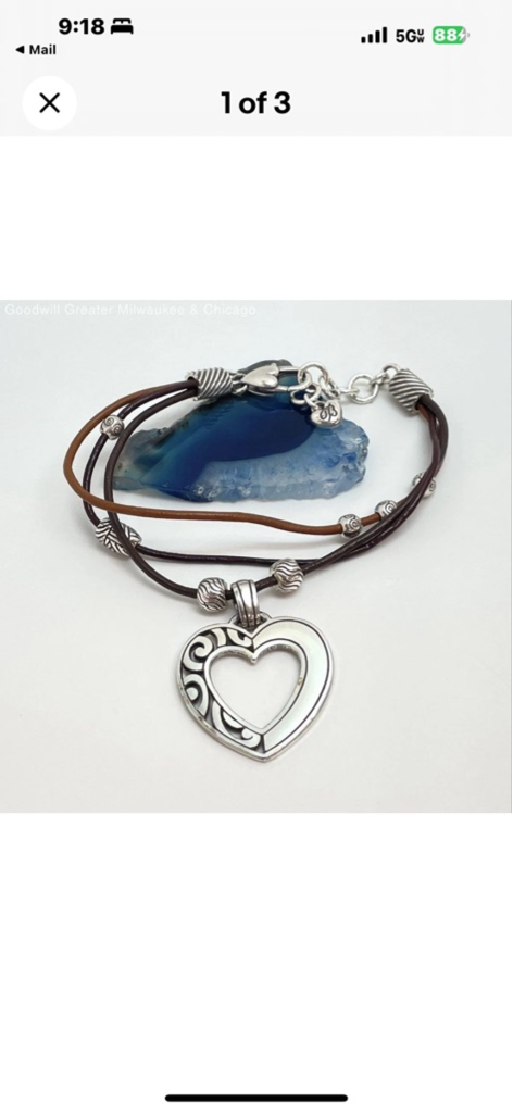 Brighton Women's Bracelet Silver Heart Charm Brown Leather 1372