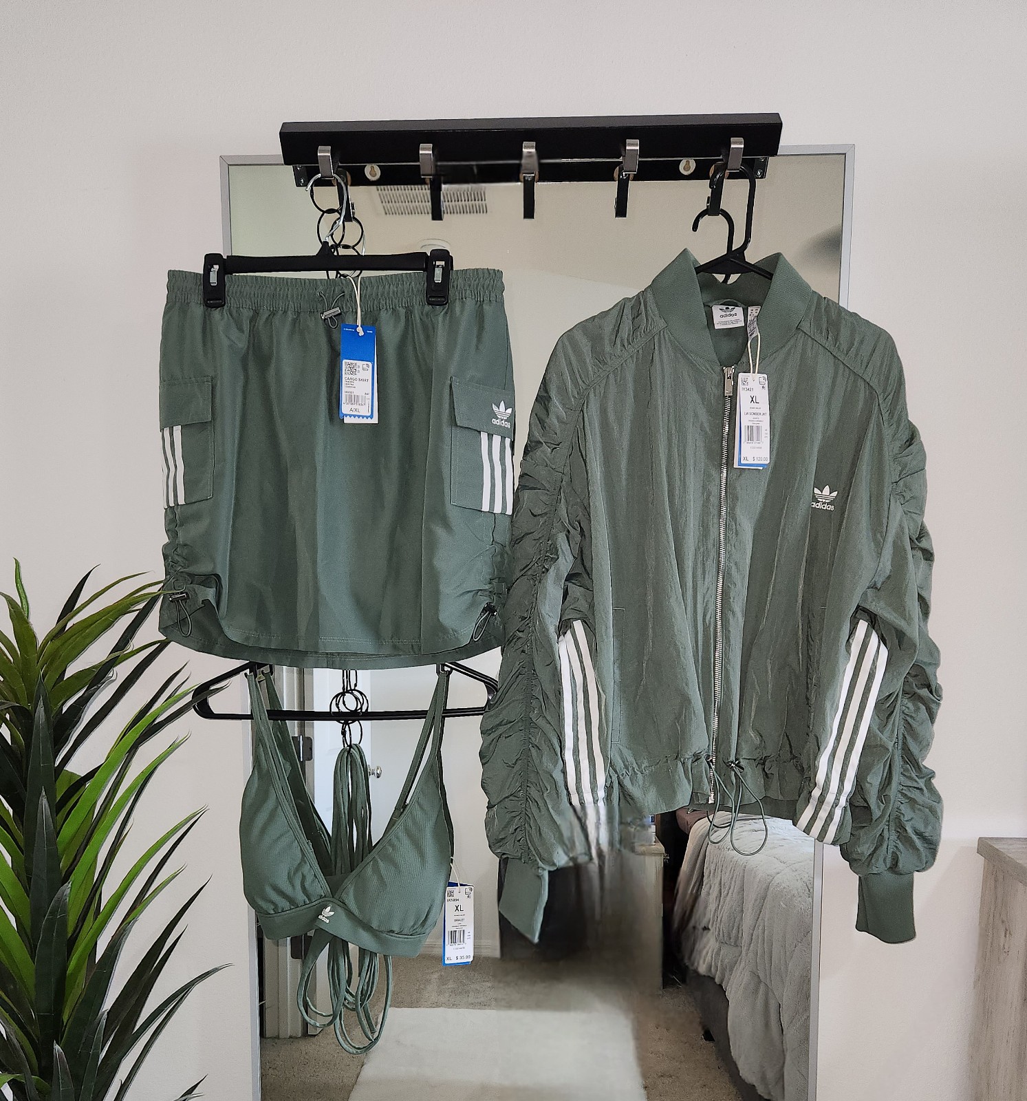 NWT Adidas Originals Bomber Jacket, Cargo Skirt, & Bralette, Trace Green, XL