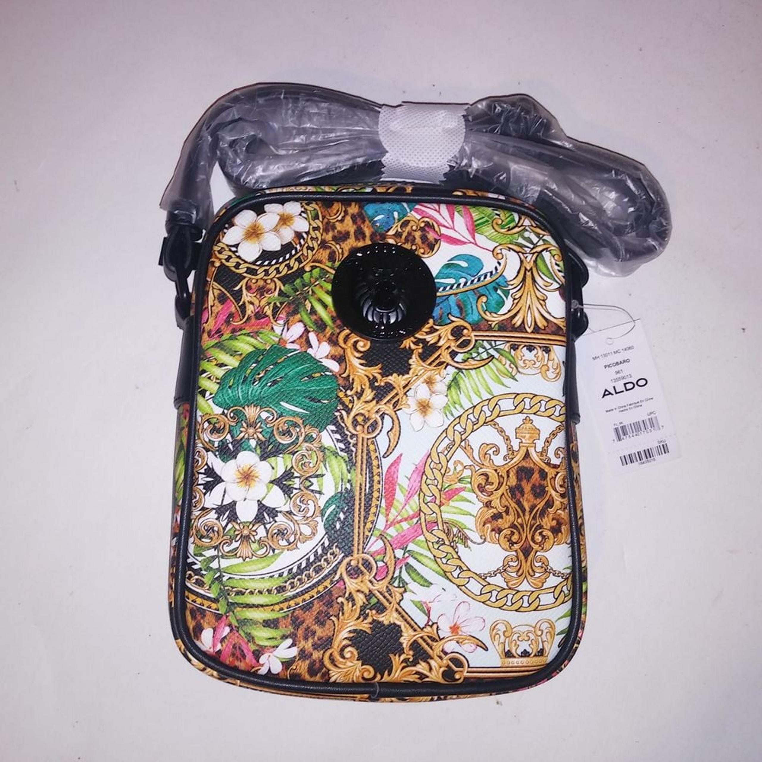 Aldo Crossbody Bag Womens Purse Green Gold Chain & Floral Print 6" x 8" New