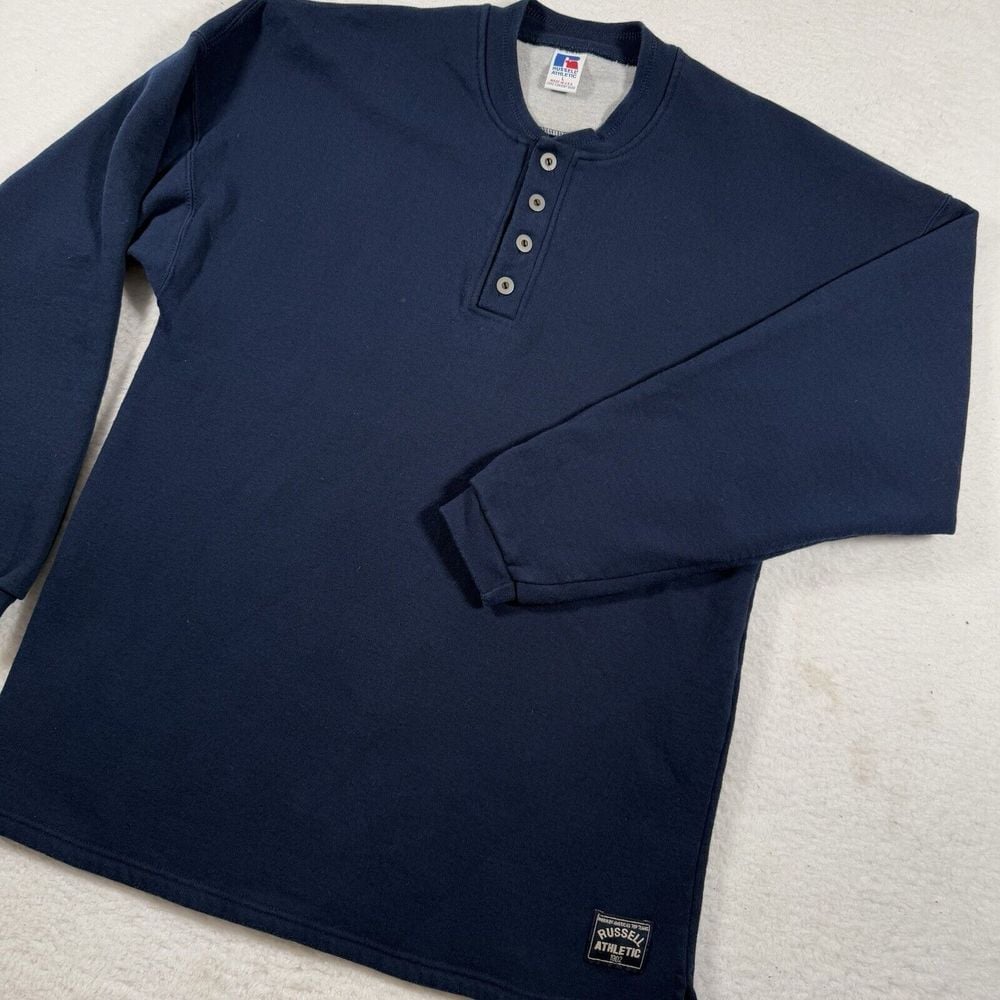 Vintage Russell Athletic Sweatshirt Mens XL Navy Henley Made in USA Pullover
