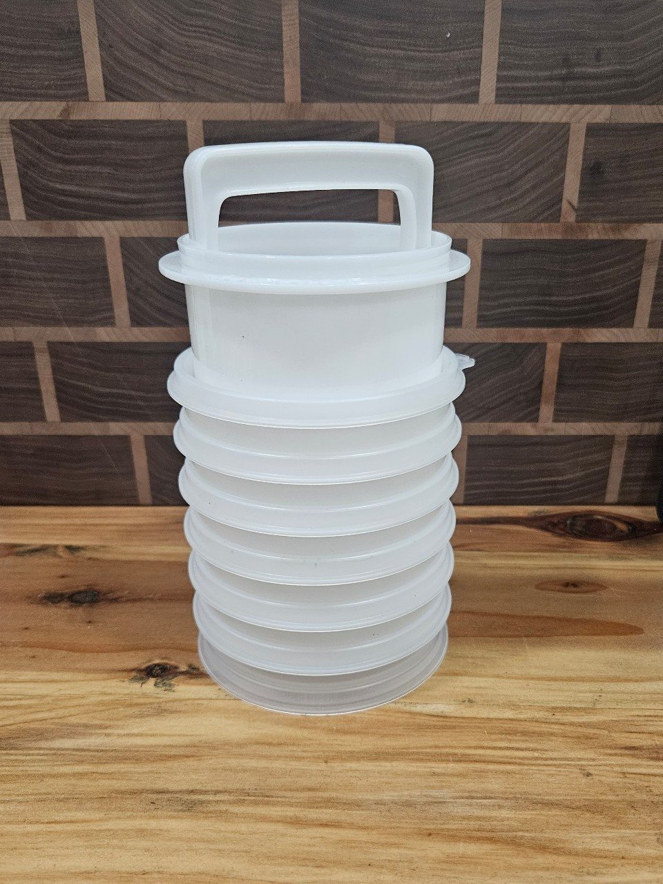 Vintage Tupperware Meat Hamburger Press 3-n-1 w/ Collar & 6 Stack Freezer Keeper