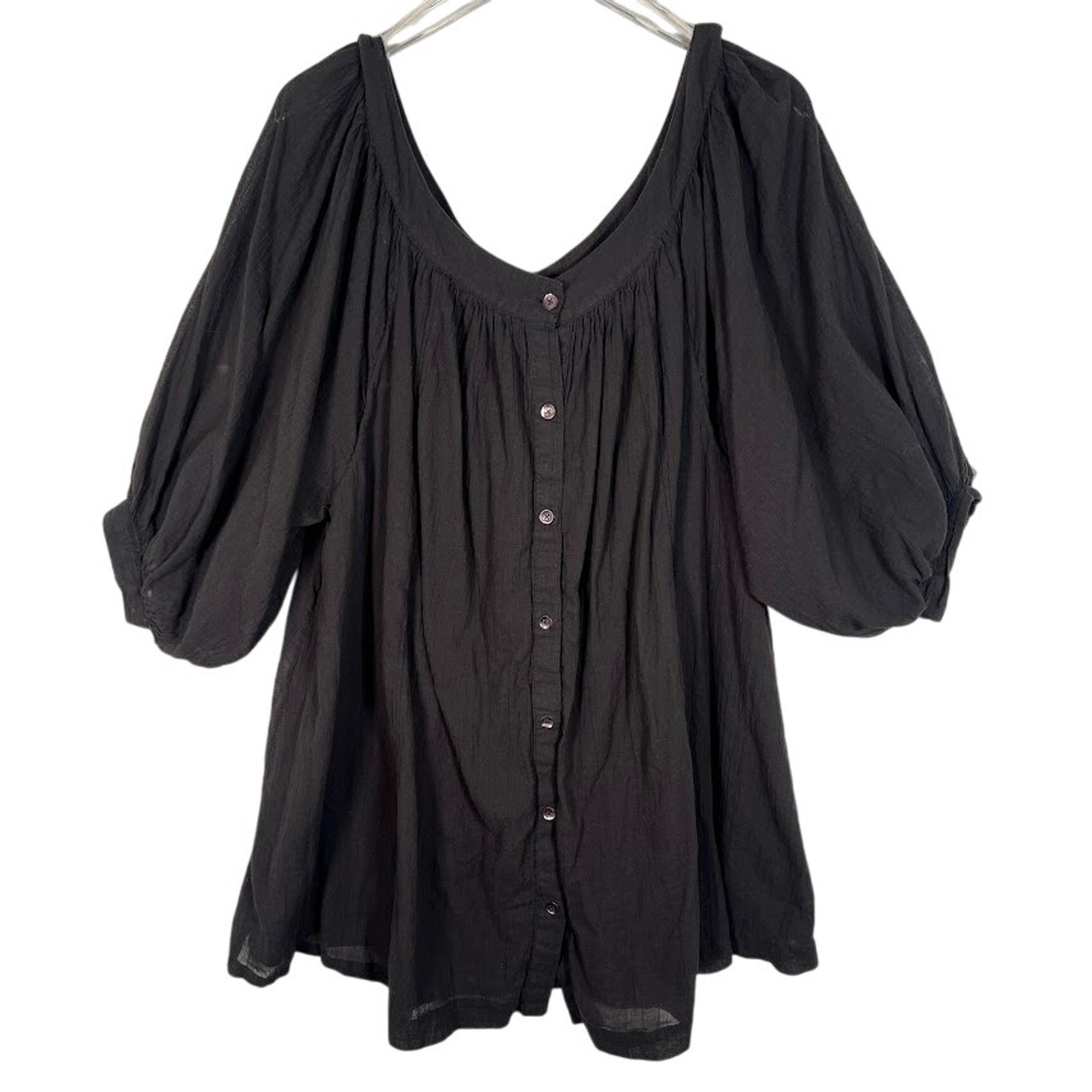 Free People Women's Puff Sleeve Button Front Mini Dress S Black Flowy Hem
