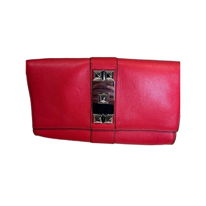 Vince Camuto Red Leather Silver Studded Embellished Clutch Evening Bag